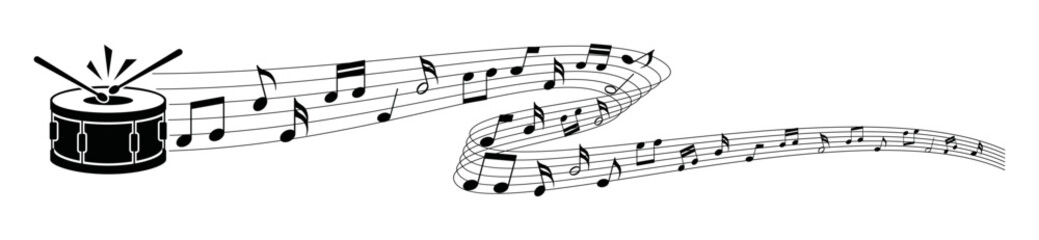 Musical note wave with drum. Drum music notes melody on white background. Sheet drum music notes of tune bass.
