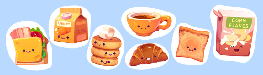 Cute kawaii characters of breakfast food. Stickers with toast, sandwich with bread and bacon, coffee in cup, package of corn flakes, milk, juice, pancakes and croissant, vector cartoon set