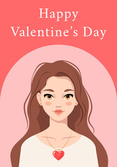Happy Valentine's Day banner. Girl portrait with red heart shaped decoration. Young woman with long brown hair. Vector illustration in flat cartoon style. Poster or avatar for a social network.