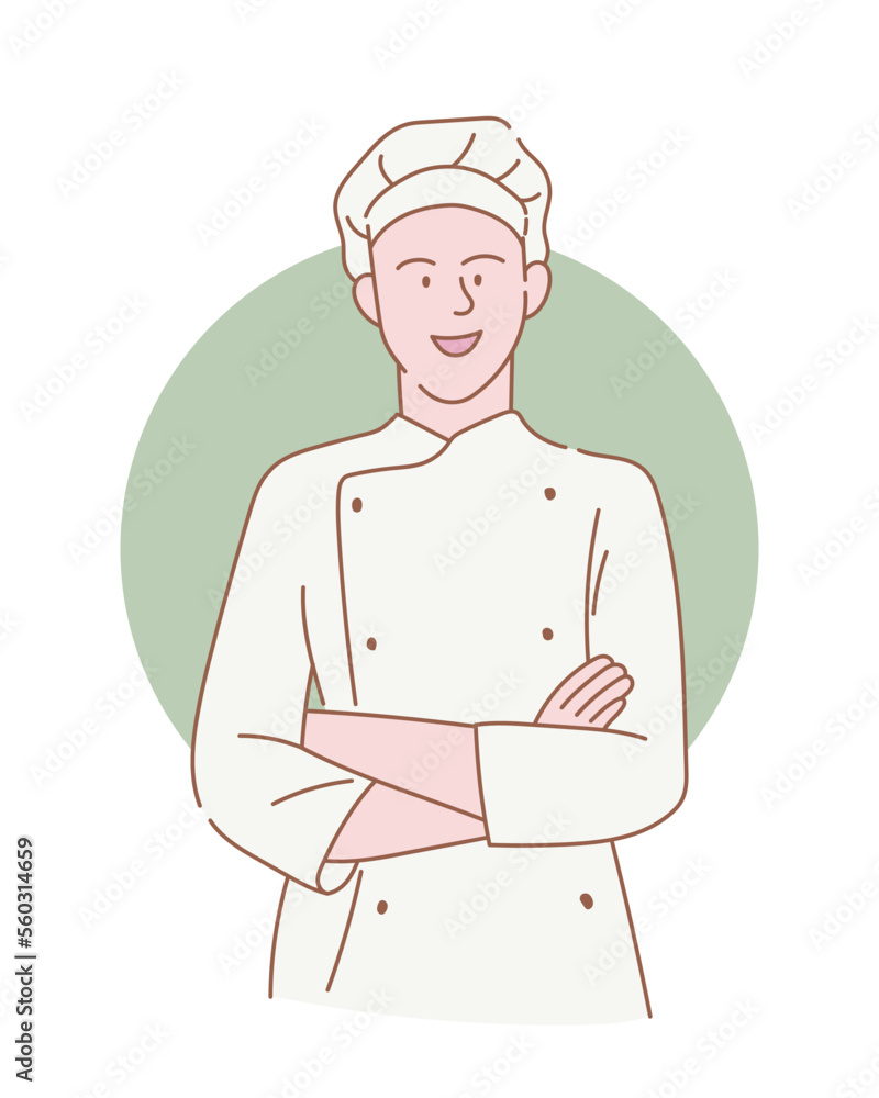 Poster professional chef with smile and crossed arms with outline or line and clean simple style