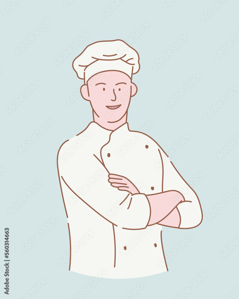 Poster happy smile chef with crossed arms with outline or line and clean simple style