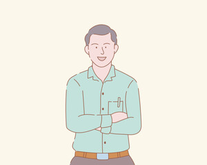 businessman standing crossed arms with outline or line and clean simple style