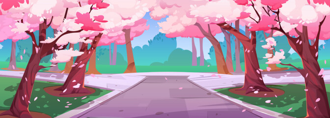 Naklejka premium City park with many pink sakura trees. Cartoon vector illustration of public garden with blooming cherry blossoms, green grass and alleys for walking, relax and recreation. Beautiful natural landscape