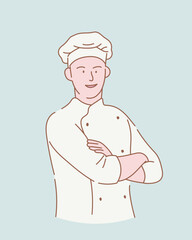 happy smile chef with crossed arms with outline or line and clean simple style