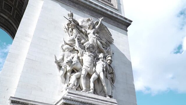 Departure of the Volunteers of 1792 (La Marseillaise) Sculpture On The Pillar Of Arc de Triomphe In Paris, France. low angle