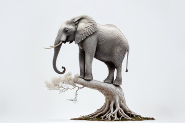 An elephant balancing on top of a small tree trunk. Isolated on a white background