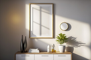 A blank frame mockup in a simple and beautiful interior room. Made with Generative AI Technology