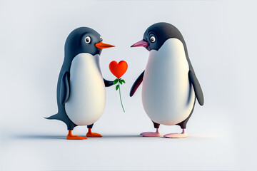 A 3d render of two penguins sharing a heart flower on Valentine's Day. Isolated on a white background