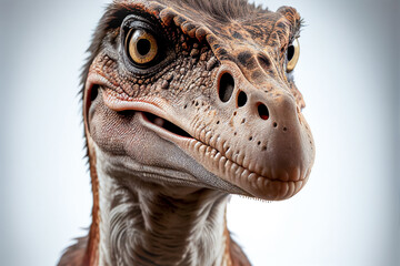 A close up head shot of a Velociraptor, isolated on a white background. Made with Generative AI Technology