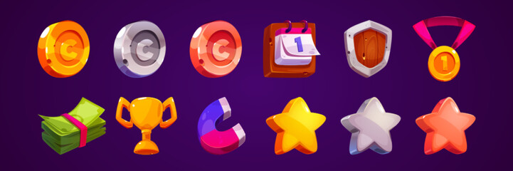 Cartoon set of game awards and props. Vector illustration of ancient calendar, wooden shield, winner medal, bunch of money, golden cup, magnet, golden, silver and bronze coins and stars. Design icons © klyaksun