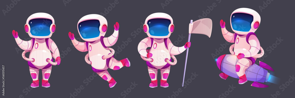 Poster cartoon astronaut character set isolated on black background. vector illustration of cute cosmonaut 