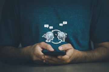 Man using smartphone mobile phone with digital chatbot, chat GPT, robot application, conversation...