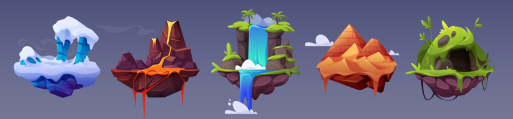Fantastic flying land platforms for game ui design. Vector cartoon illustration of islands decorated with ancient pyramids, ice and snow, paradise waterfall, volcano with fiery liquid lava - obrazy, fototapety, plakaty