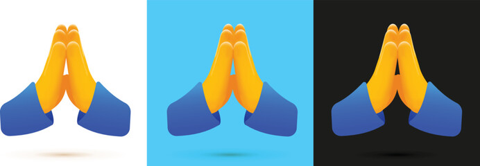 Folded hands icon, 3d hand pray icon, Namaste icon, prayer symbol, help icon, helping hands symbol, Gesture of the human hands, Free hands glossy effect, vector illustration