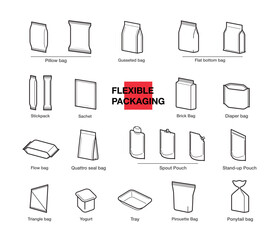 Set of types of flexible packaging. Infographics icons. Vector illustration isolated on white background, ready and simple to use for your design. EPS10. © realstockvector