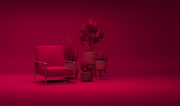 Monochrome Dark Red Living Room Scene With Armchair, Cactus Pot. Viva Magenta Is A Trend Colour Year 2023 Interior Room, Flat Style Single Color Composition, 3d Rendering