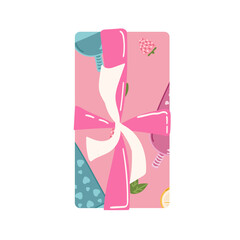 Pink gift box with ribbon isolated object. Flat vector illustration. Valentine s Day Gift box. Top view.