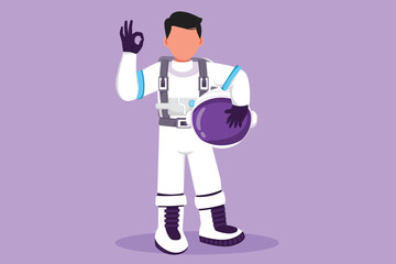 Cartoon flat style drawing astronaut standing with okay gesture wearing spacesuit exploring earth, moon, other planets in universe. Spaceman start space expedition. Graphic design vector illustration