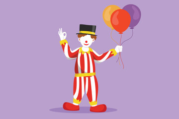 Character flat drawing of funny clown standing and holding balloons with gesture okay, wearing hat and clown costume ready to entertain audience in the circus arena. Cartoon design vector illustration