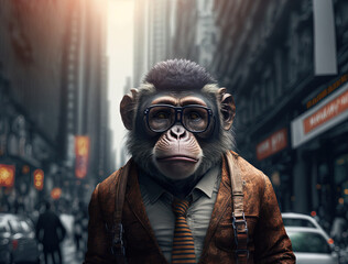 Stylish fashion monkey walking in the street