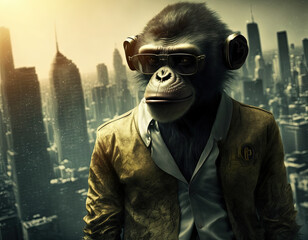 Stylish fashion monkey walking in the street
