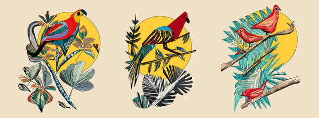 Exotic bird on tree branch with leaves and sun on light beige background. Colorful illustration.