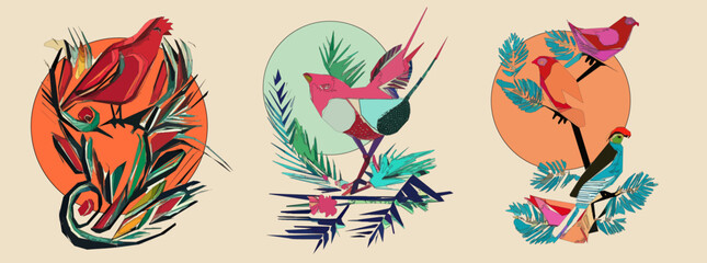 Exotic bird on tree branch with leaves and sun on light beige background. Colorful illustration.