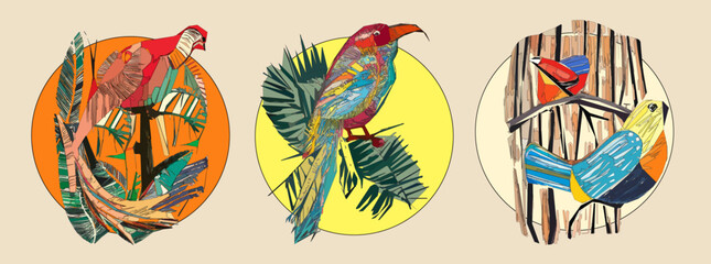 Exotic bird on tree branch with leaves and sun on light beige background. Colorful illustration.