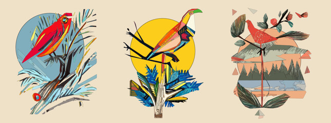 Exotic bird on tree branch with leaves and sun on light beige background. Colorful illustration.