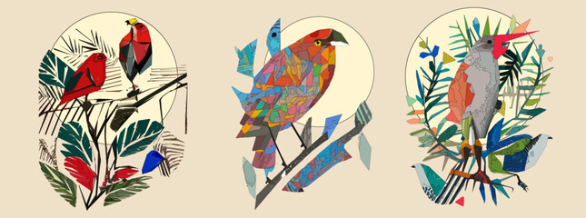 Exotic bird on tree branch with leaves and sun on light beige background. Colorful illustration.