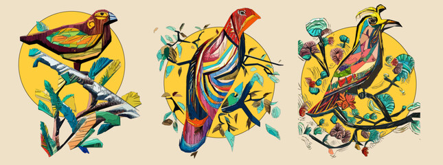 Exotic bird on tree branch with leaves and sun on light beige background. Colorful illustration.