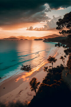 This breathtaking image captures the beauty of Phuket beach during the golden hour. The sun is setting, casting a warm, golden glow over the palm trees and sparkling water. The white sandy beach