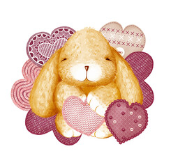Cute Valentines Day plush fluffy baby bunny or rabbit in full growth surrounded by handmade knitted, sewn hearts. Cartoon child character. Digital illustration in the watercolor style. Greeting card.
