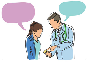 continuous line drawing doctor patient talking about medication - PNG image with transparent background isolated