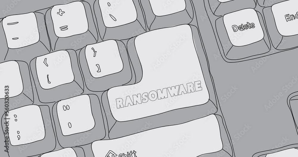 Poster computer keyboard with ransomware text. close-up of an electronic computer device part, keypad. danc
