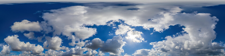 Blue sky panorama with puffy Cumulus clouds. Seamless hdr pano in spherical equirectangular format....