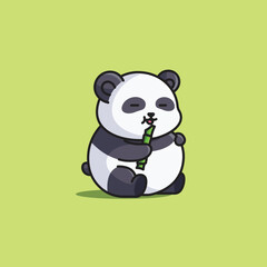 Cute cartoon fat panda s sitting and holding a bamboo to eat vector illustration icon