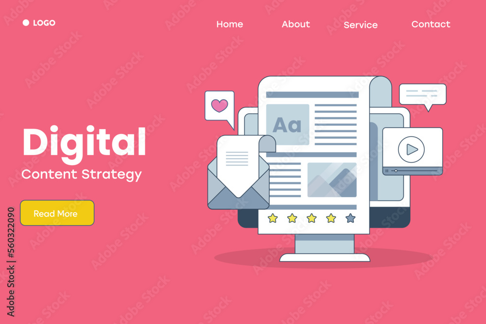 Poster digital content strategy computer screen adjoins with blog news article email message social media a