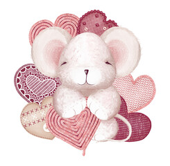 Cute Valentines Day plush fluffy baby mouse or mousekin in full growth surrounded by handmade knitted, sewn hearts. Cartoon child character. Digital illustration in the watercolor style. Greeting card