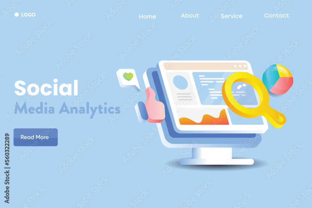 Poster social media analytics dashboard on computer screen with chart diagram and performance report, 3d co