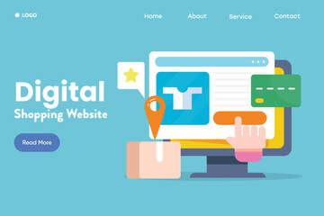 Flat design concept of online shopping person hand placing order on ecommerce website with digital card payment banner illustration.