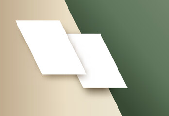 two paper white business card on green background mockup template plastic blank sticker sheet label cover design document office