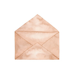 watercolor illustration of an old, shabby, shabby, postal, yellowed envelope with uneven edges for a letter and message, greetings and news, for design and decoration