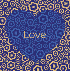 Floral blue and gold patterned heart. Valentine's day background.