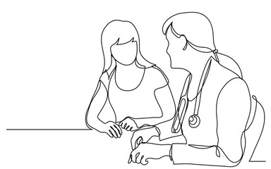continuous line drawing doctor consulting female patient - PNG image with transparent background