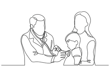 continuous line drawing doctor examining child patient mother - PNG image with transparent background