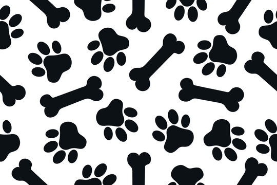 Background with animal paw prints and a bone. Vector illustration in a flat style
