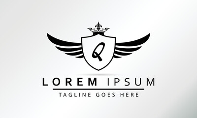 Stylish Black Shield With Wings, Crown And Initial Letter Q Isolated On White Background. Luxury Logo Business Vector Template. Modern Design Logotype, Emblem,