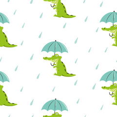 Cute crocodile with umbrella. Seamless cartoon alligator pattern. Nursery design, print for kids.