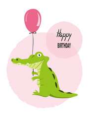 Cute cartoon crocodile with balloon. Happy Birthday card design